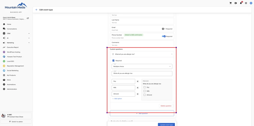 Custom question set up as a Multiple Choice type, with a live preview