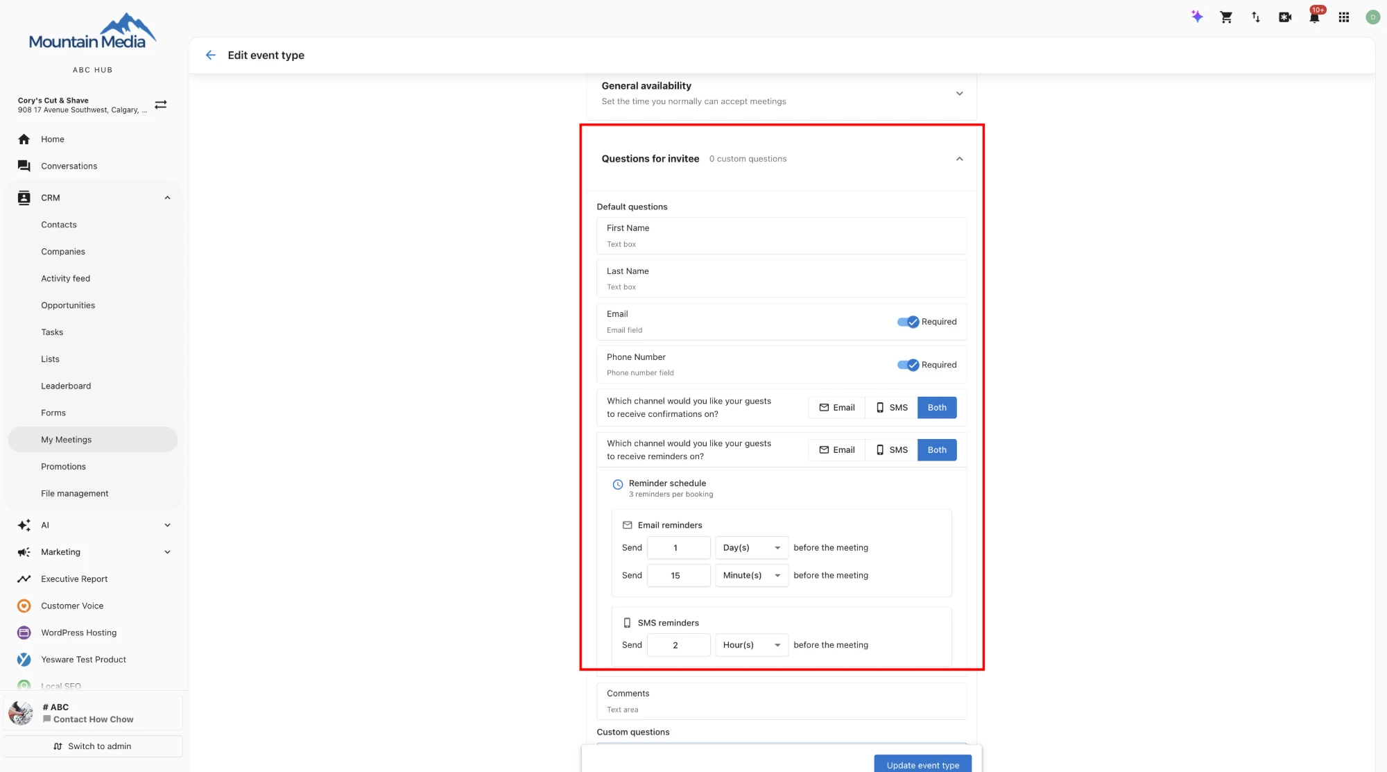 Questions for invitee section of the event type editor, showing the Email and Phone Number Required toggles, the confirmation and reminder channel controls set to Both, and a reminder schedule with two email reminders and one SMS reminder