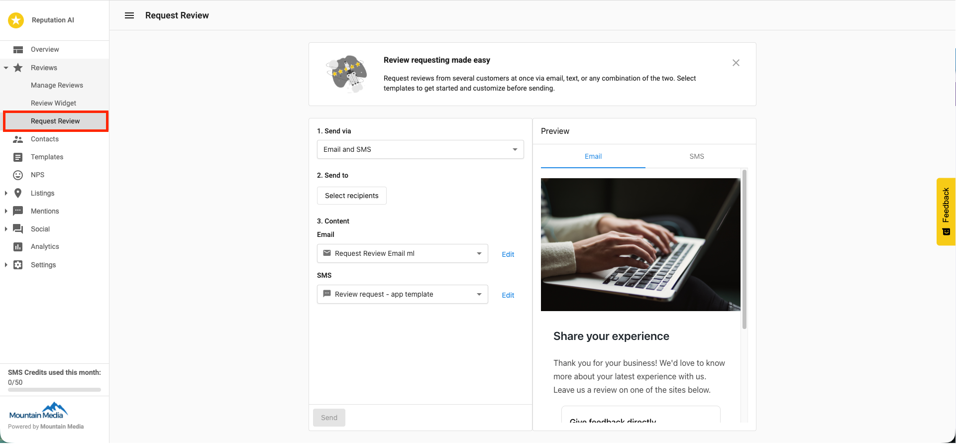 The Request Review screen showing Send via set to Email and SMS, an empty Send to field, email and SMS template dropdowns under Content, and a live email preview panel on the right.