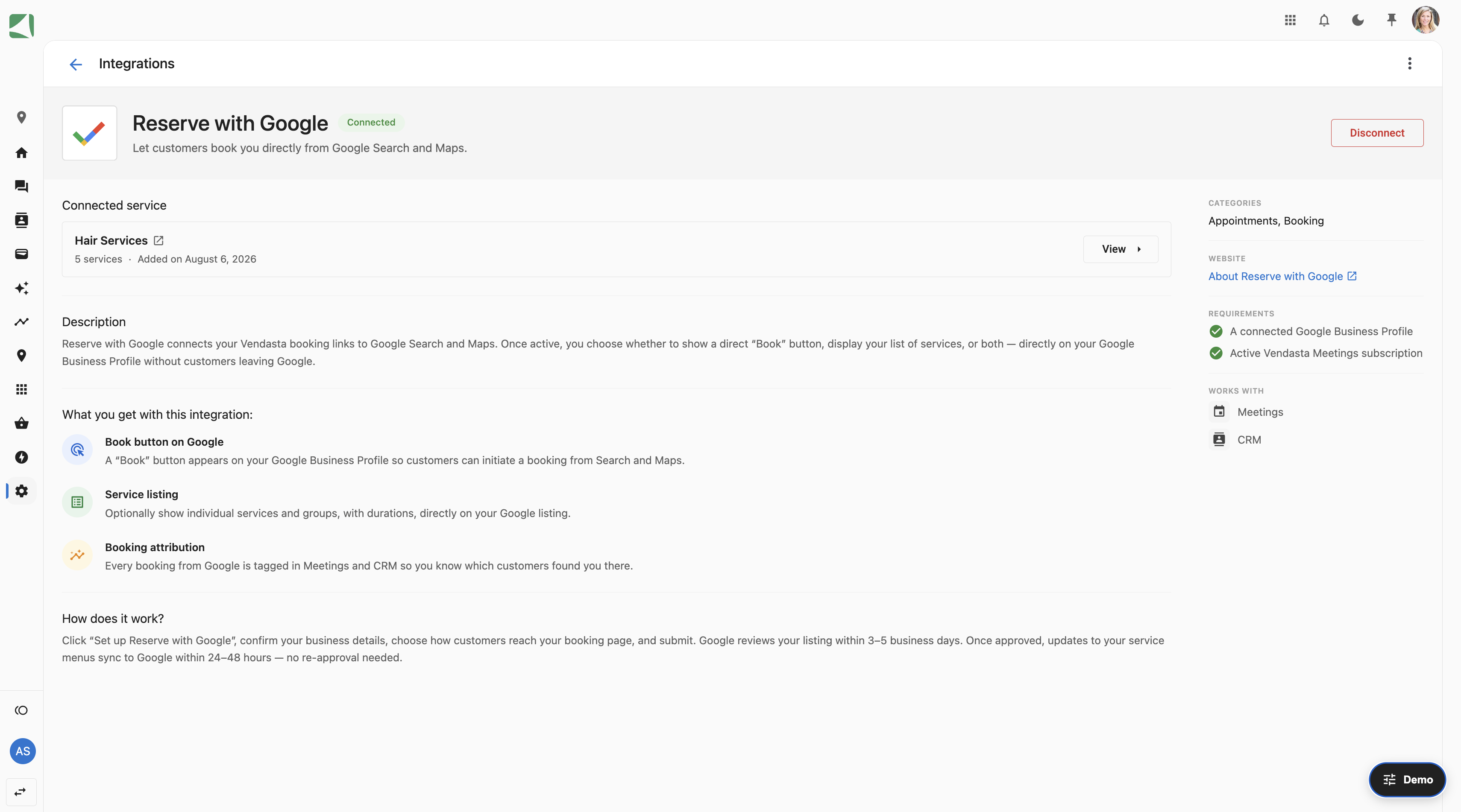 Reserve with Google integration page showing the connected service and Disconnect button