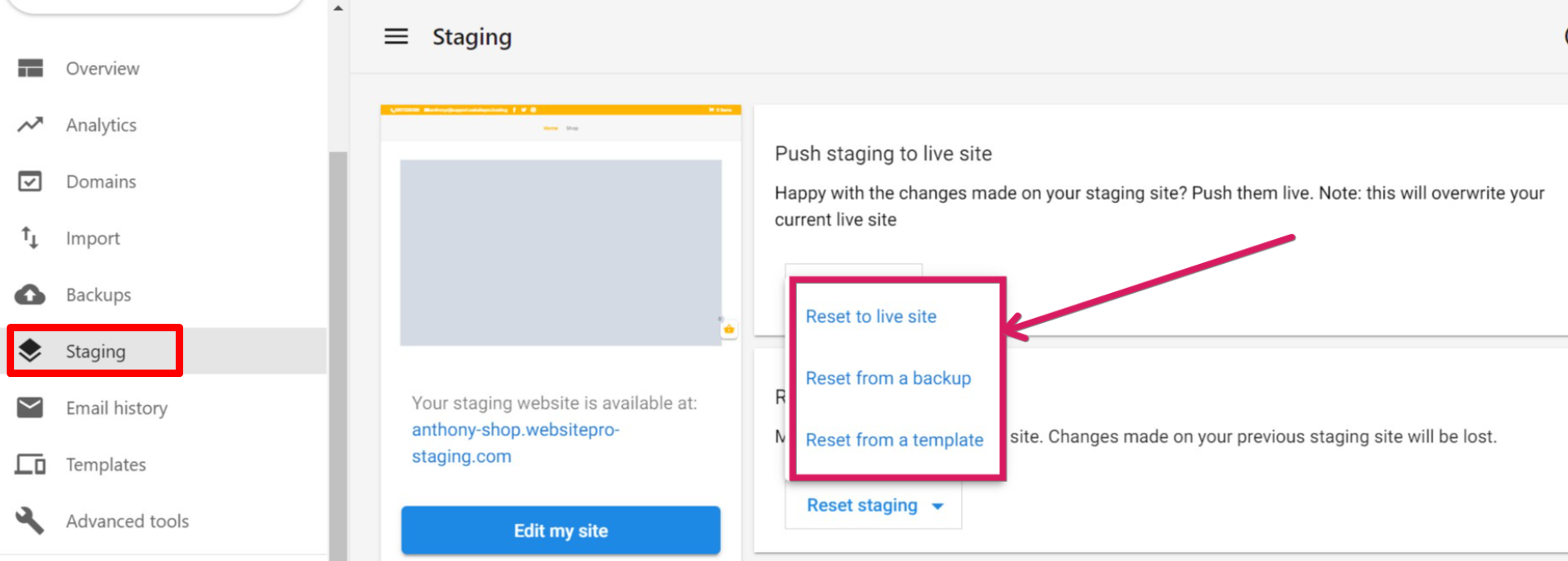Staging site reset options