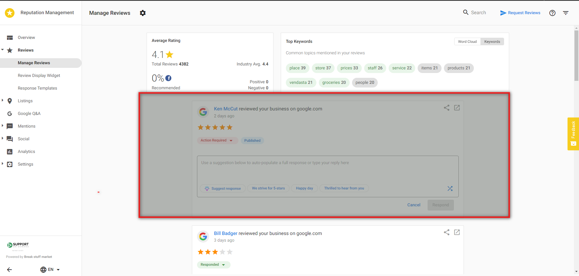 Respond to reviews in Reputation AI