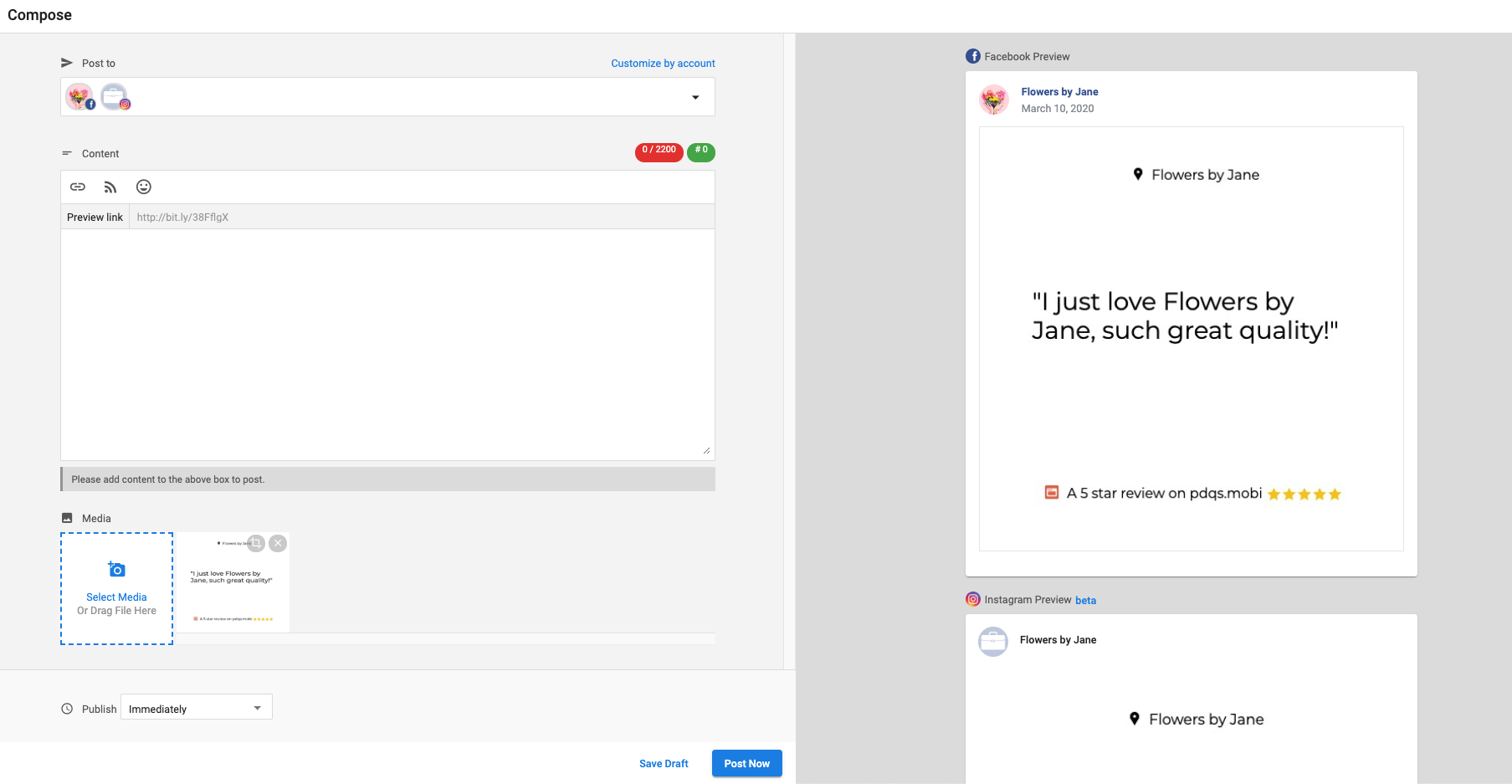 Review shown in Social Marketing composer