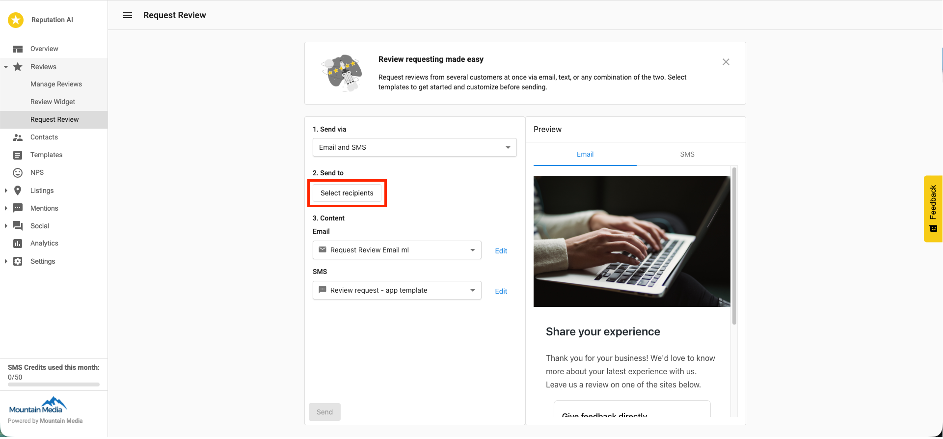 The Request Review screen with the Send to field highlighted, showing the Select recipients button where you choose who receives the review request.