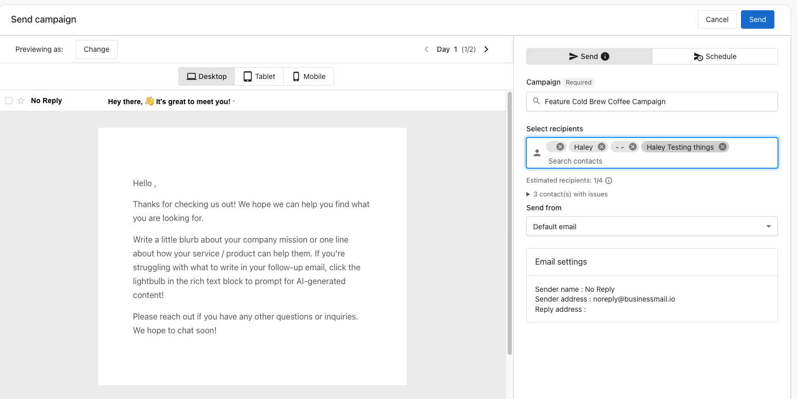 Send campaign page showing email preview, recipient selection, and Send button