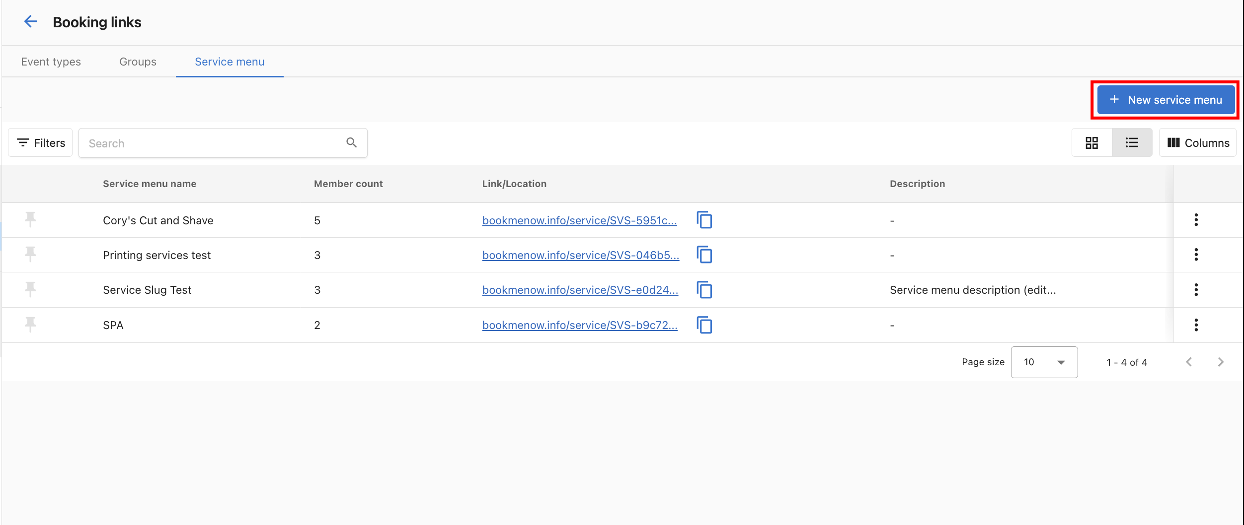 Settings page showing Service menu tab