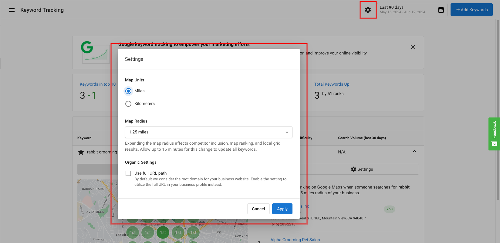 Keyword settings gear icon