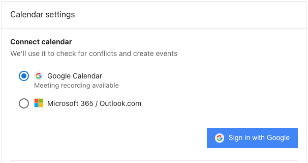 Calendar settings step showing Google Calendar and Microsoft 365/Outlook.com options with a Sign in with Google button