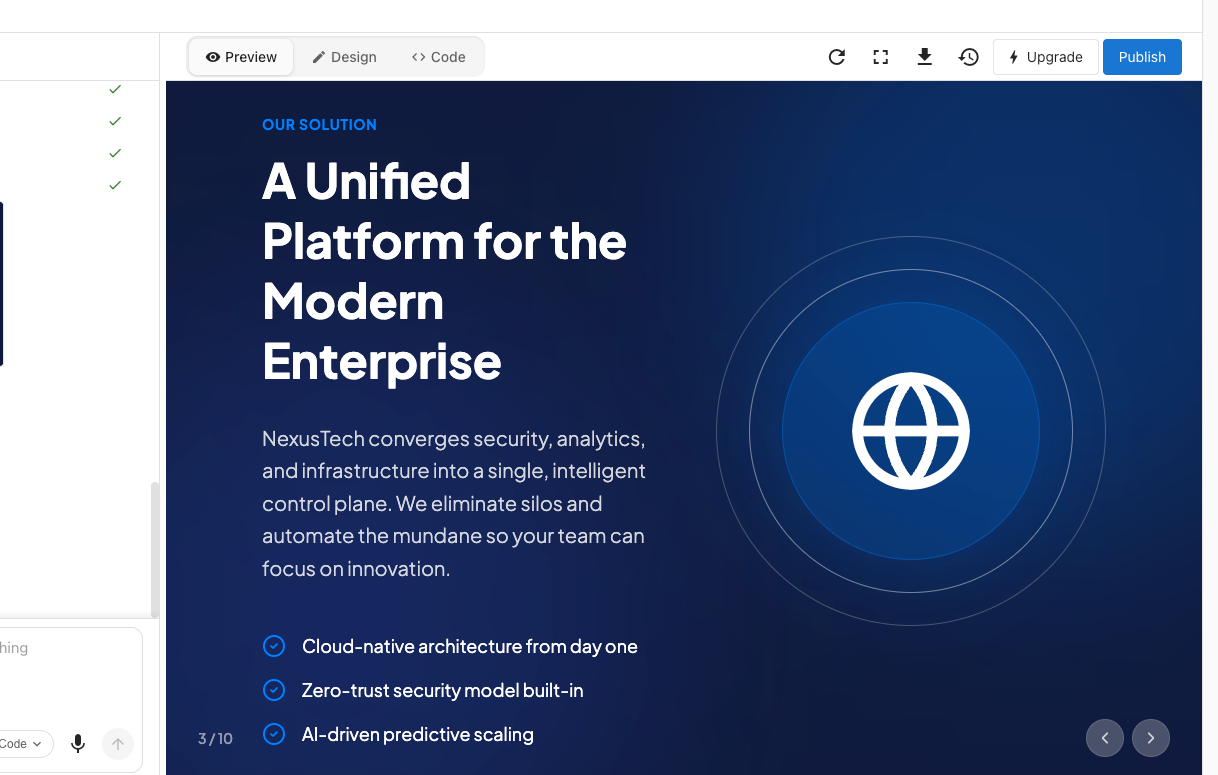 Solution slide with a navy background showing the heading "A Unified Platform for the Modern Enterprise" alongside a globe icon and three feature bullet points