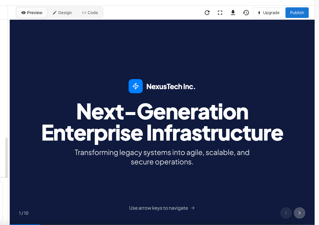Title slide showing the deck cover with a navy background, NexusTech Inc. branding, and the heading "Next-Generation Enterprise Infrastructure"