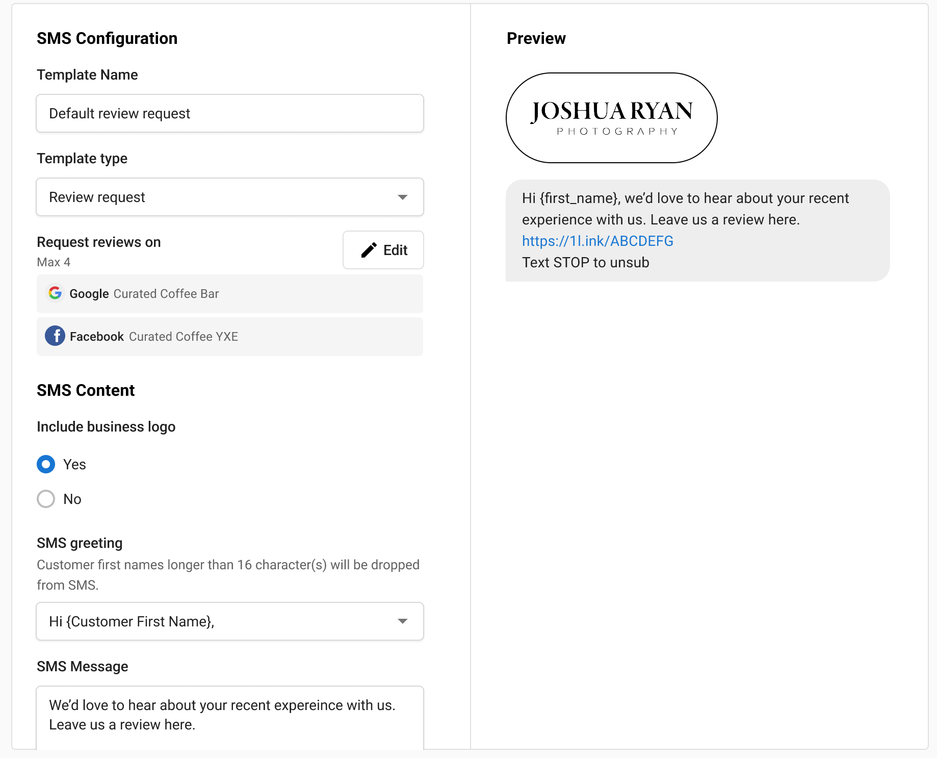 SMS template builder interface