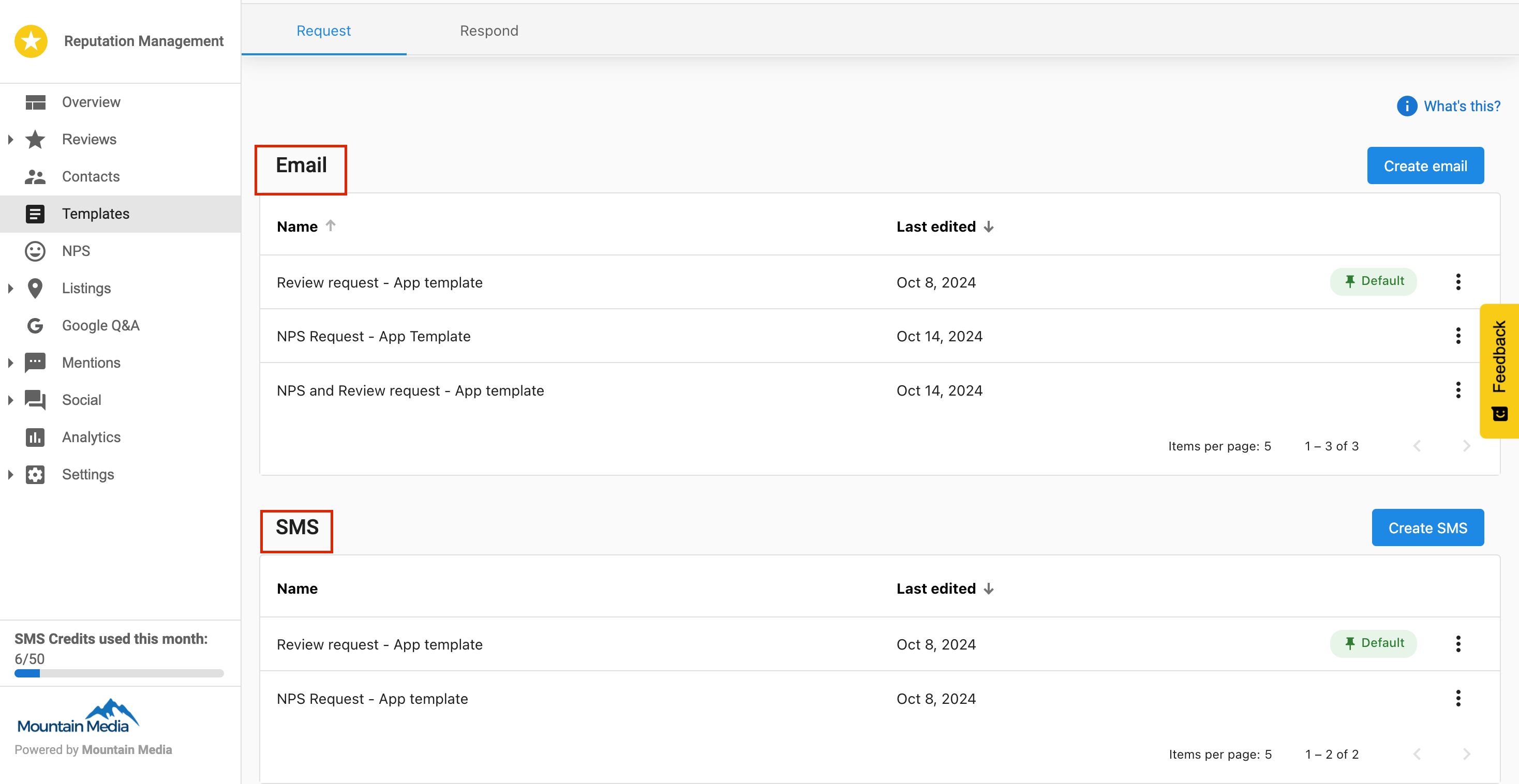 Email and SMS tabs in Templates section