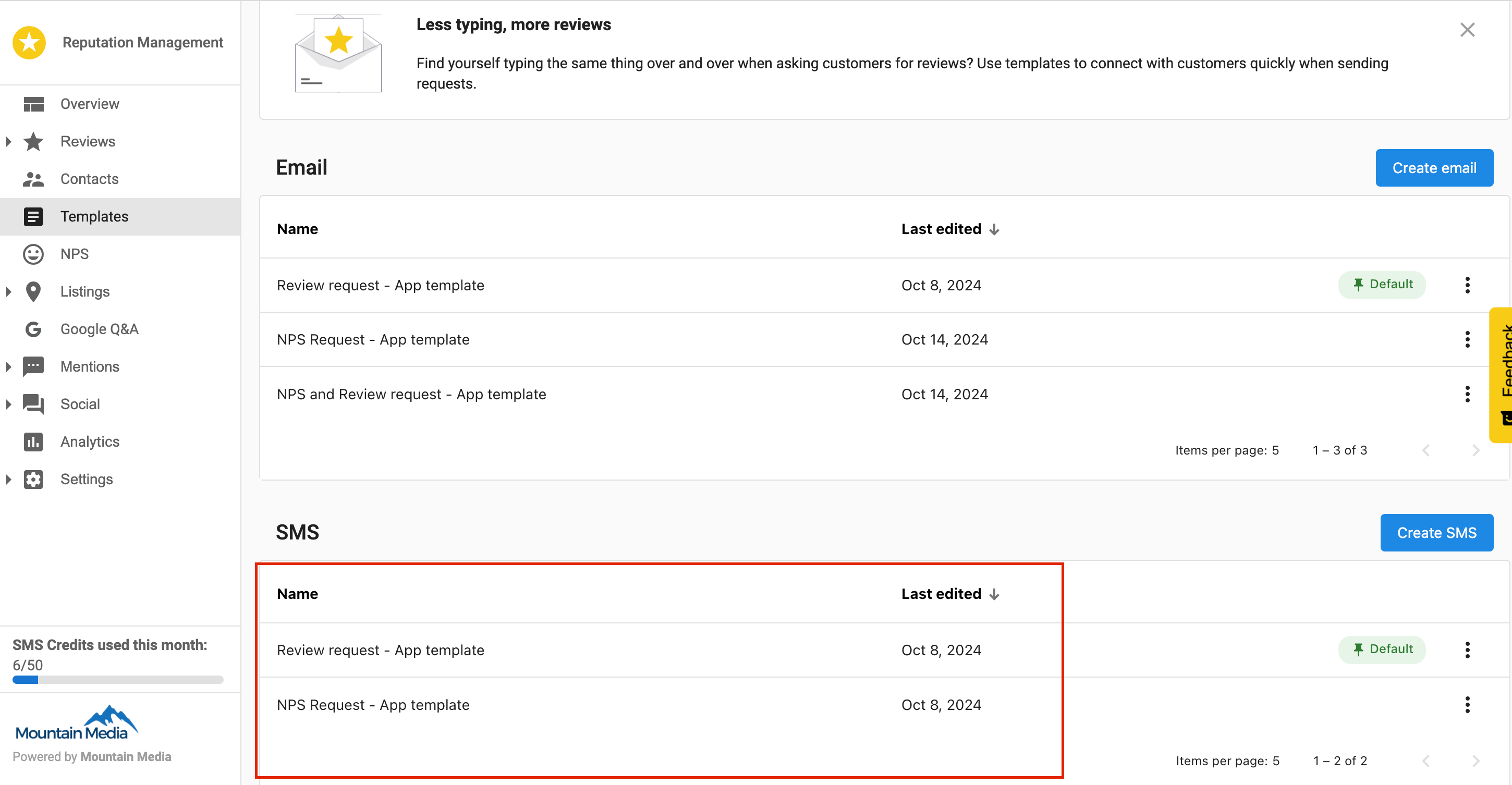 SMS templates listing