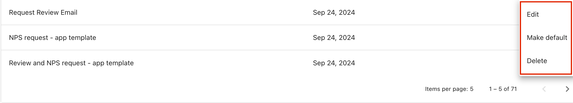 SMS template menu options