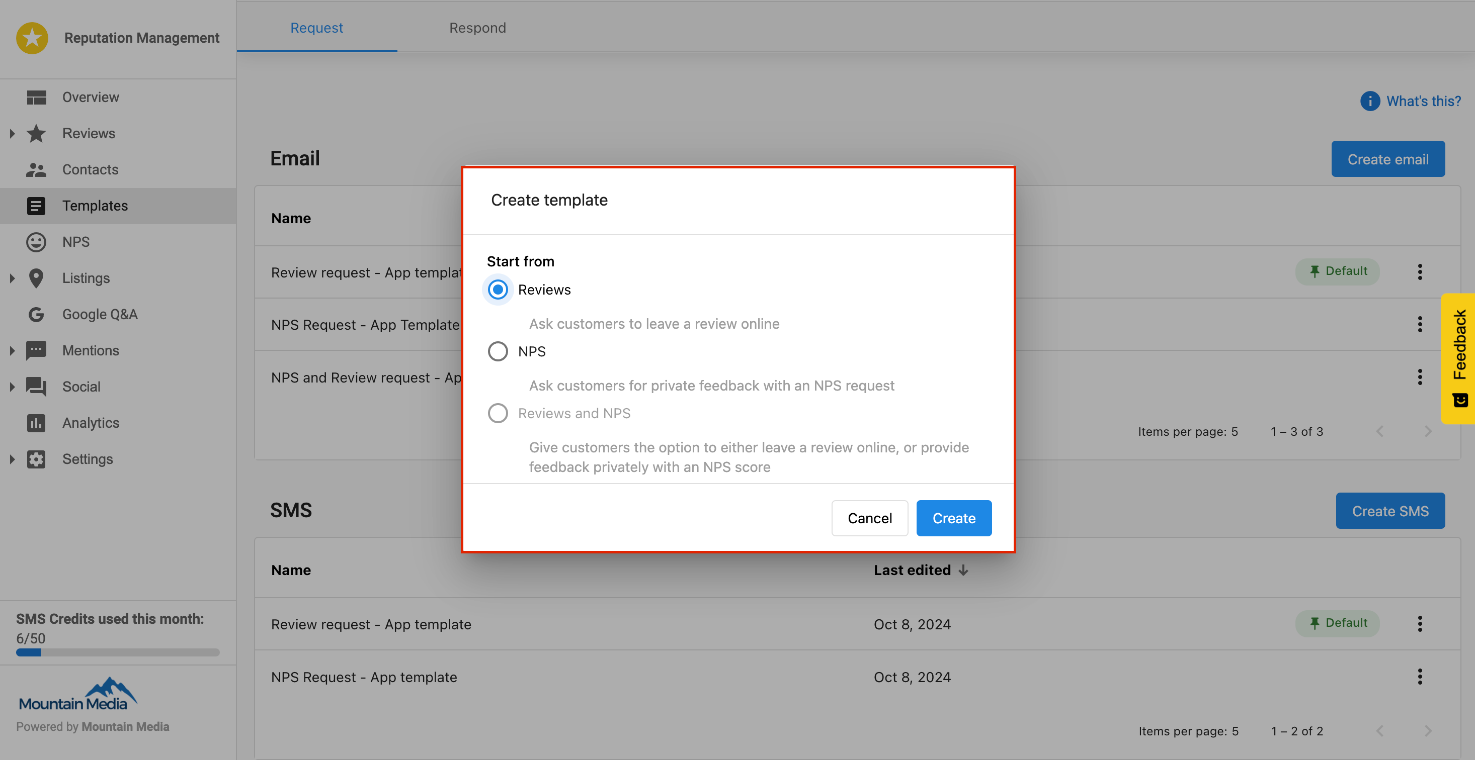 Request type selection popup