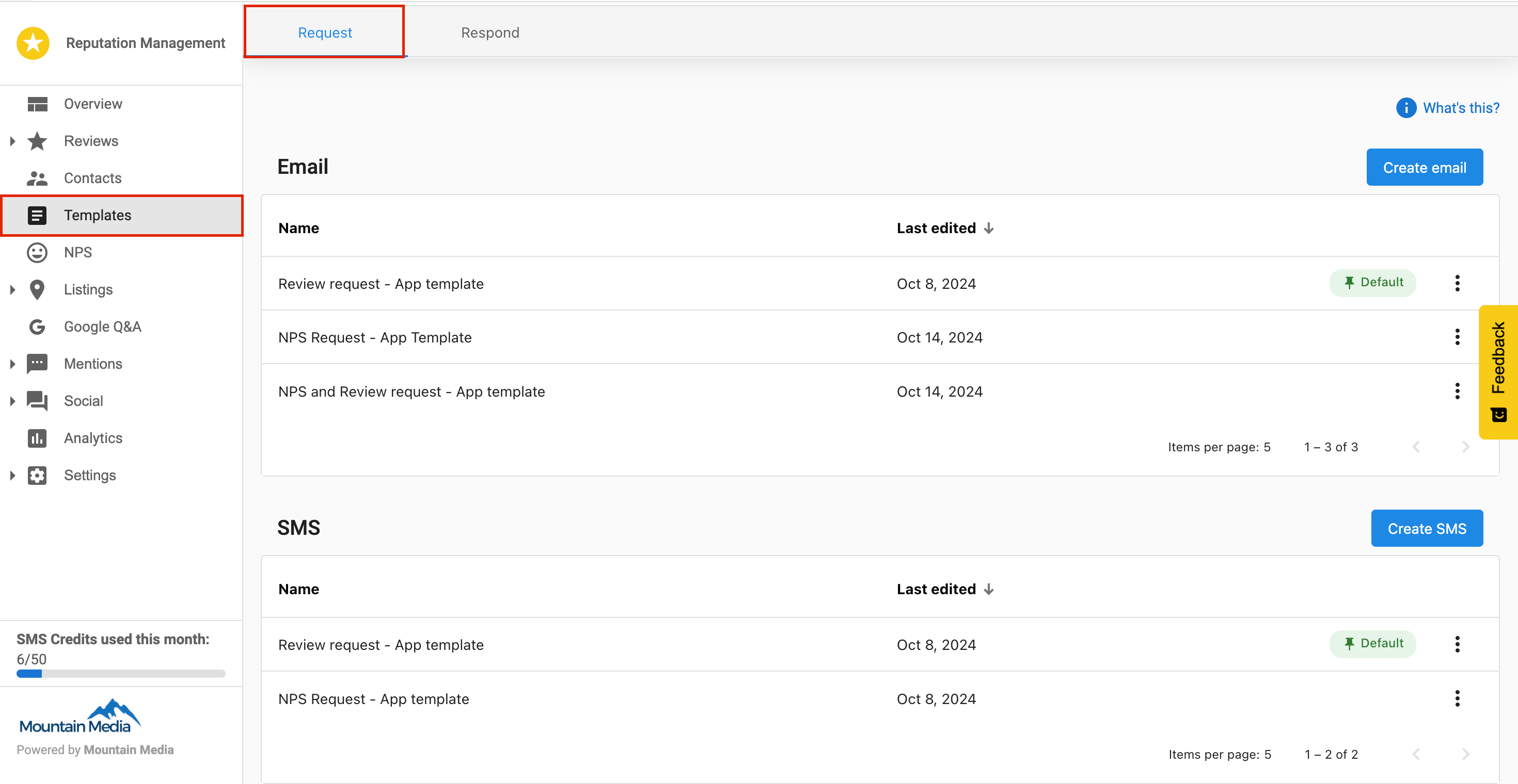 Template menu in Reputation AI