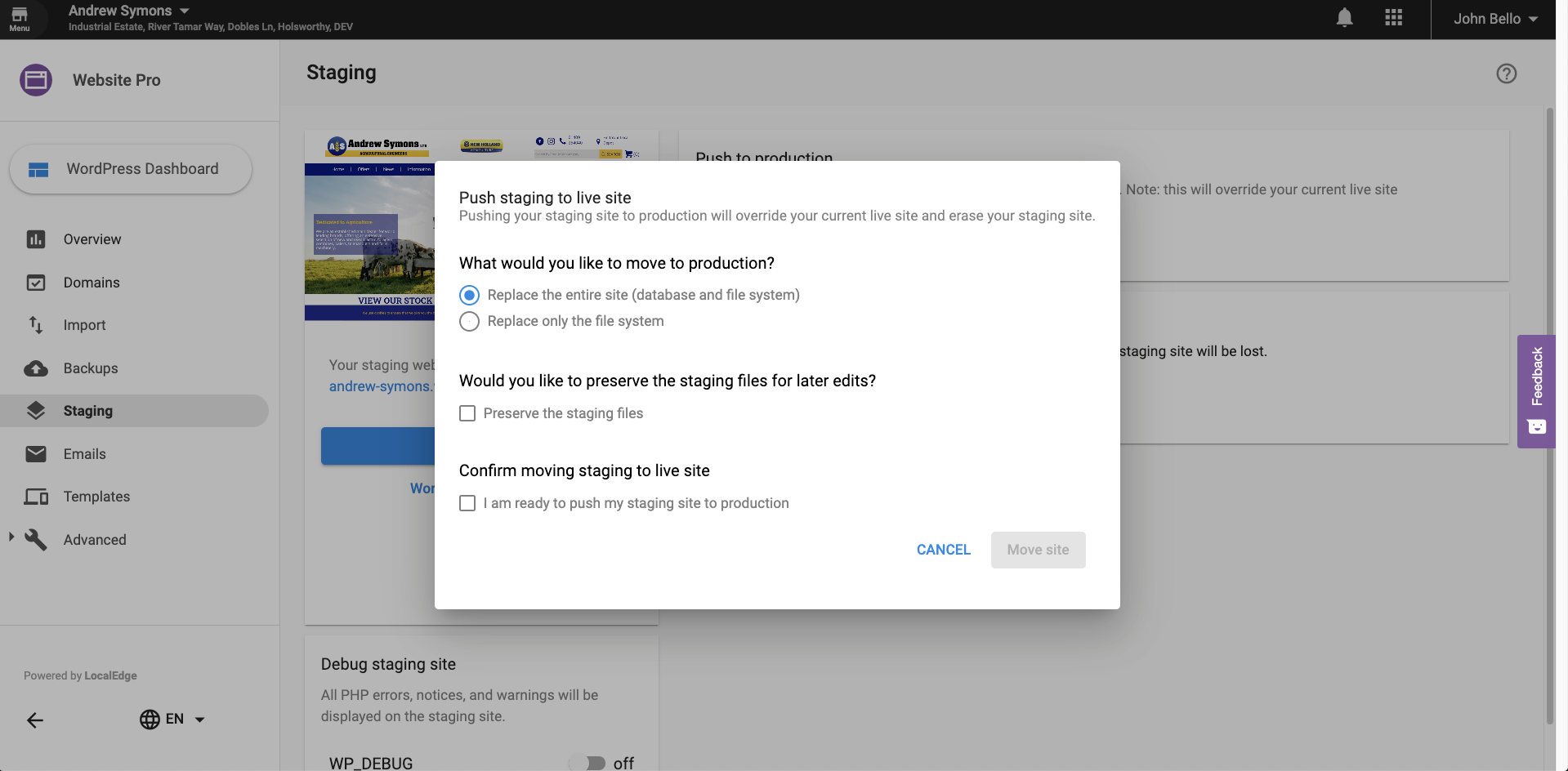 Preserve the Staging files checkbox option