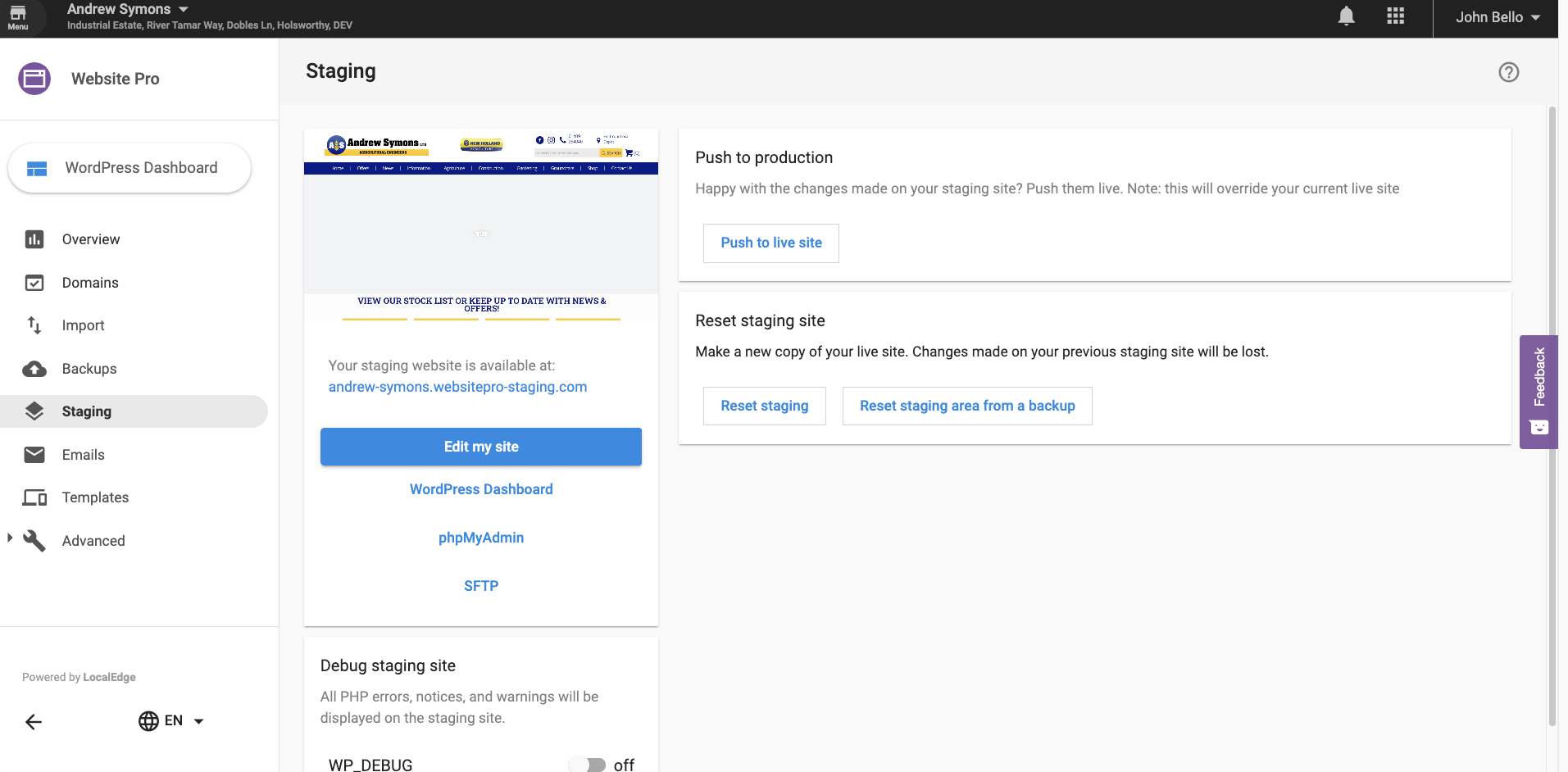 Staging tab view with an active staging environment