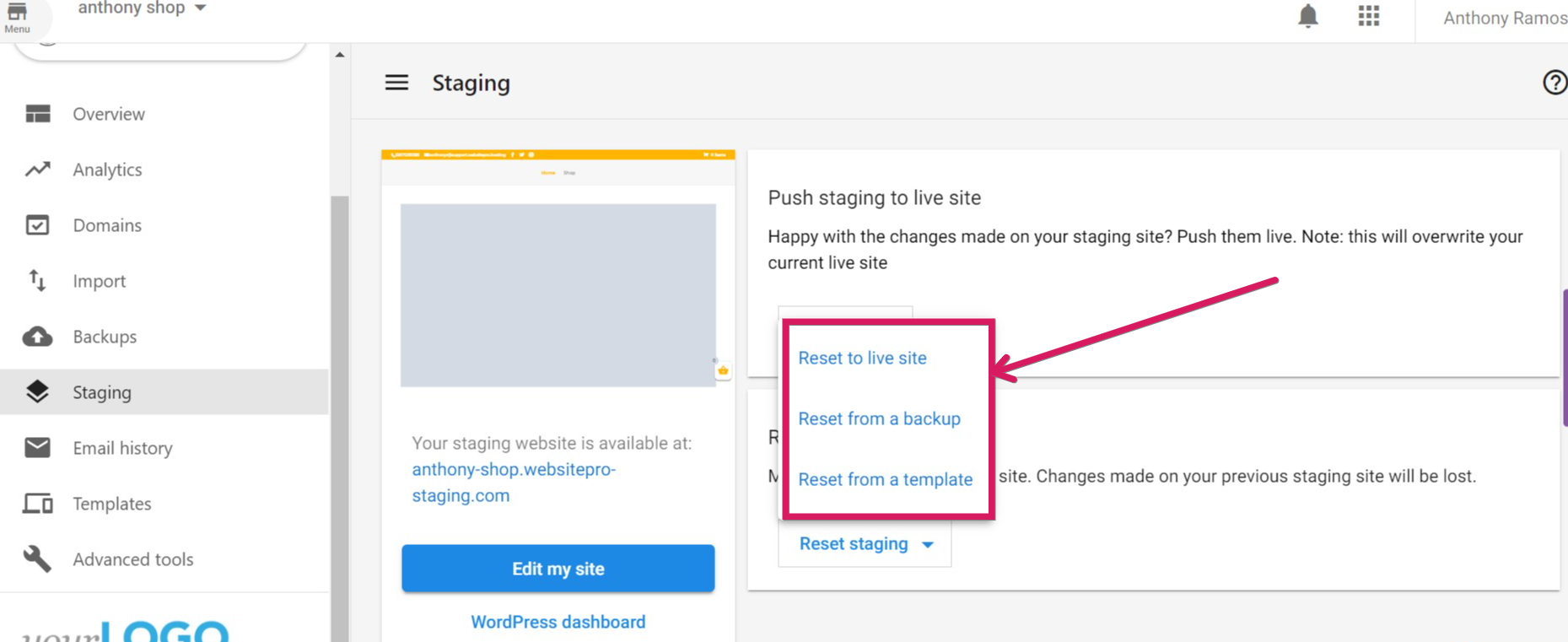 Staging site reset options