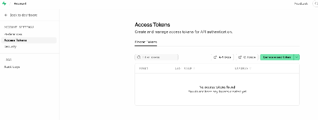 Supabase Access Tokens page showing the token list and Generate new token button
