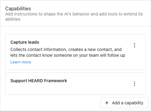 Capabilities section showing Capture leads and Support HEARD Framework