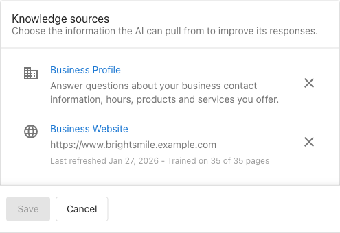 Knowledge sources section showing Business Profile and Business Website connected