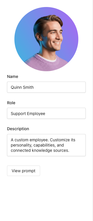 AI Employee profile section showing name, role, and avatar fields
