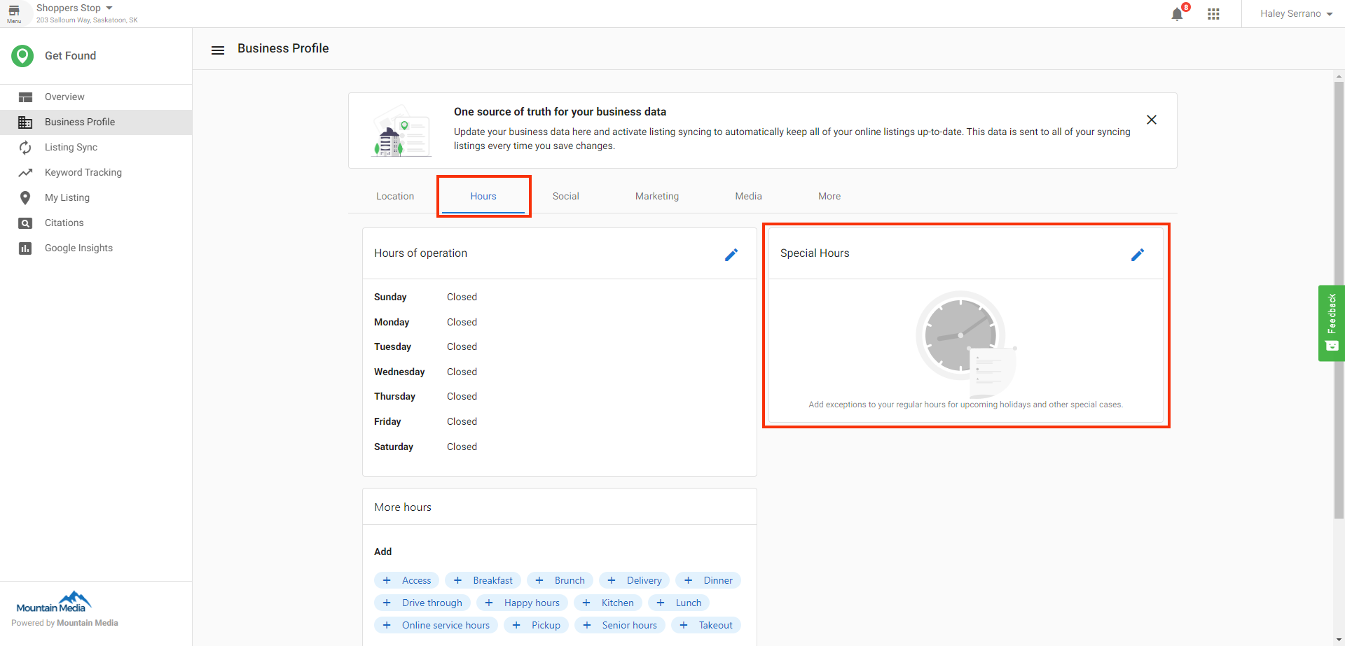 Business Profile Hours tab showing Special Hours