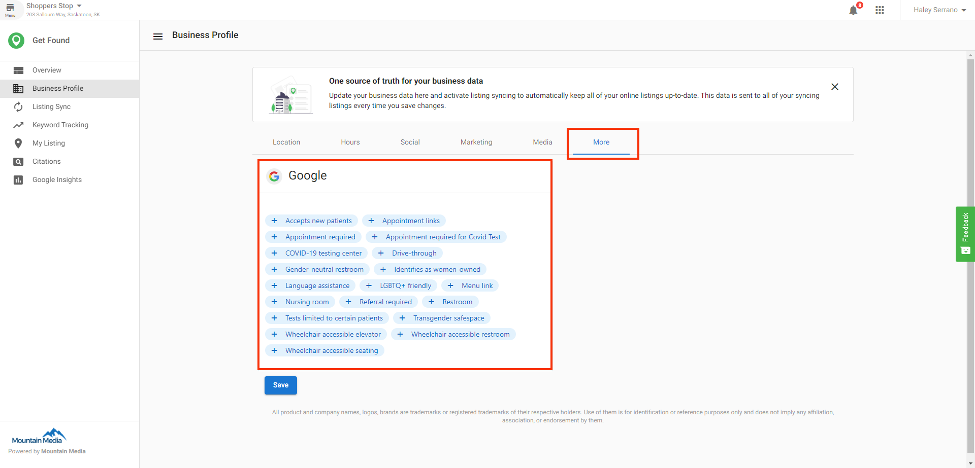 Business Profile More tab showing category-specific attributes