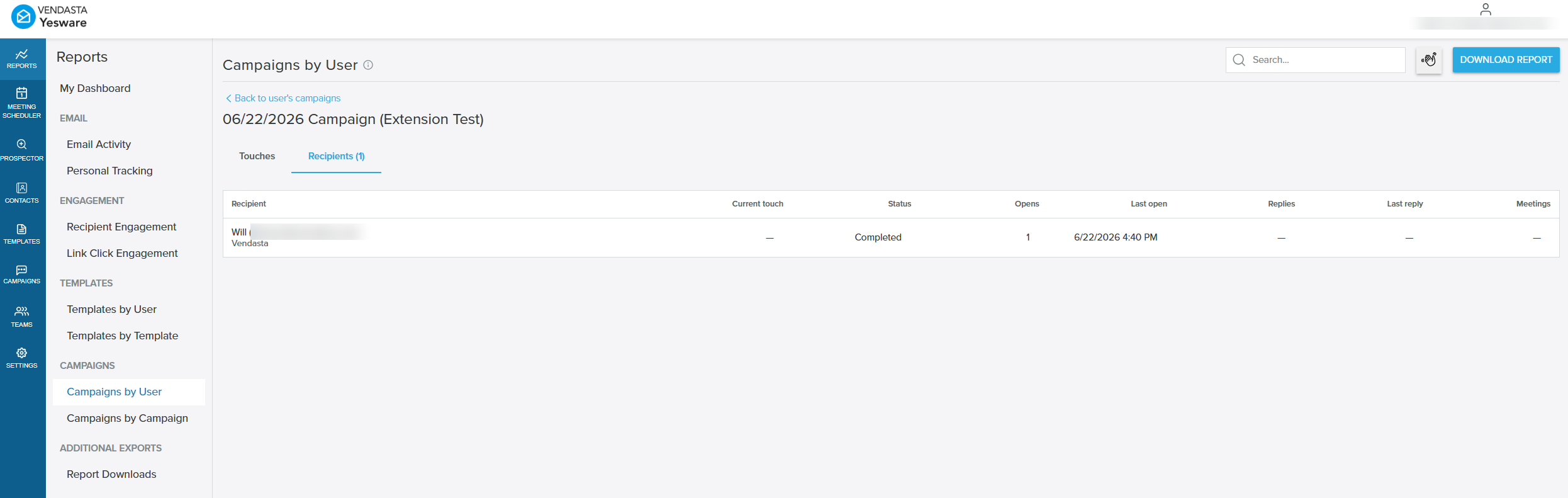 Campaign drill-down Recipients tab showing the recipient table with current touch, status, and engagement columns
