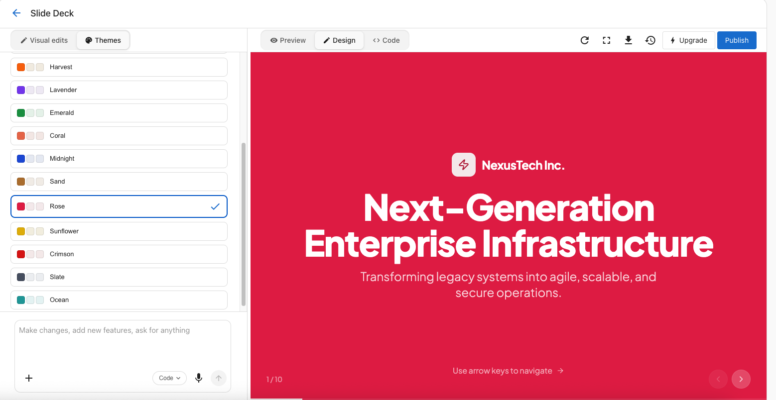 The Themes tab in Vibe showing available visual theme options for the presentation