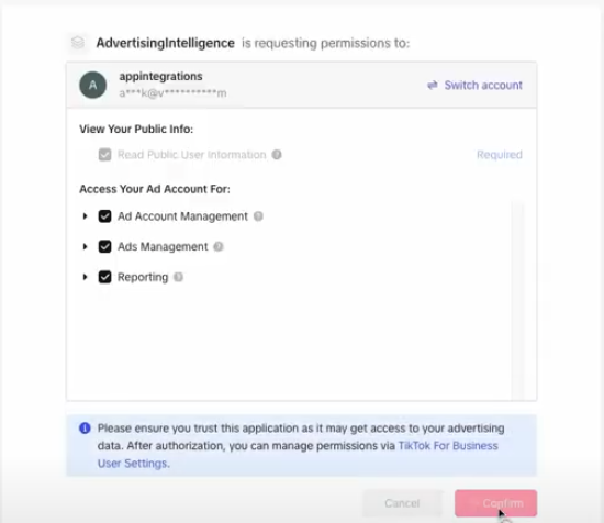 TikTok connection settings in Advertising Intelligence