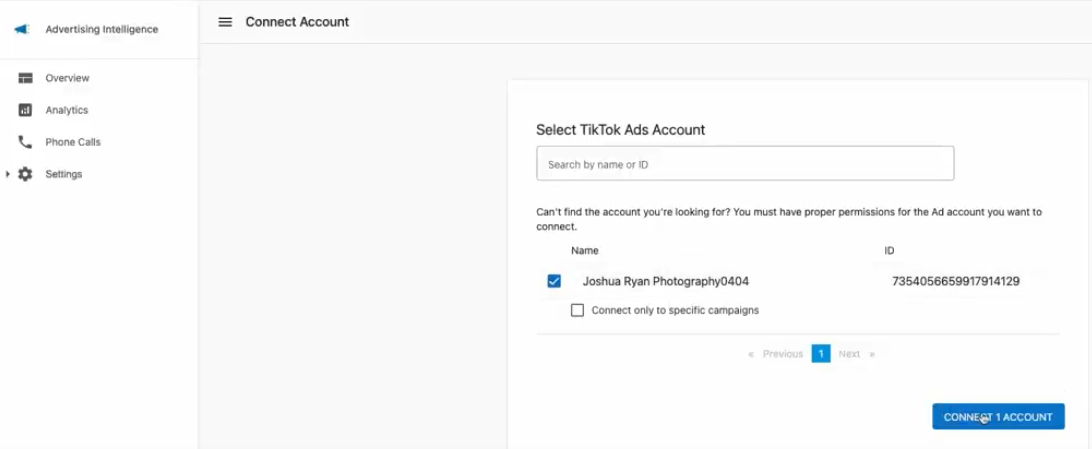 TikTok connection dialog in Advertising Intelligence