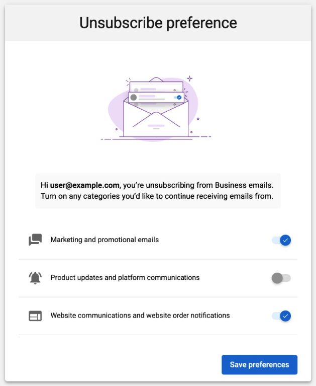 Unsubscribe preference page showing category toggles for Marketing, Product Notifications, and Website Communications