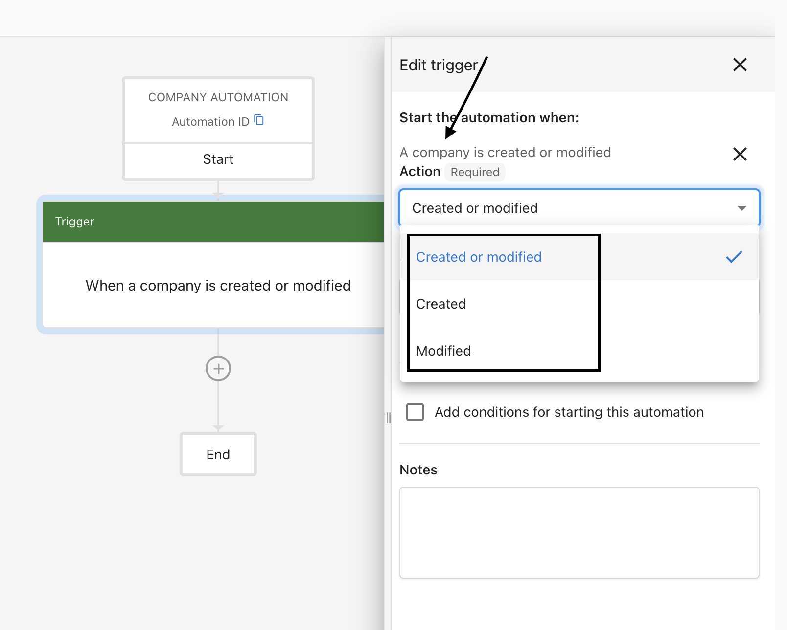 Company trigger configuration screen