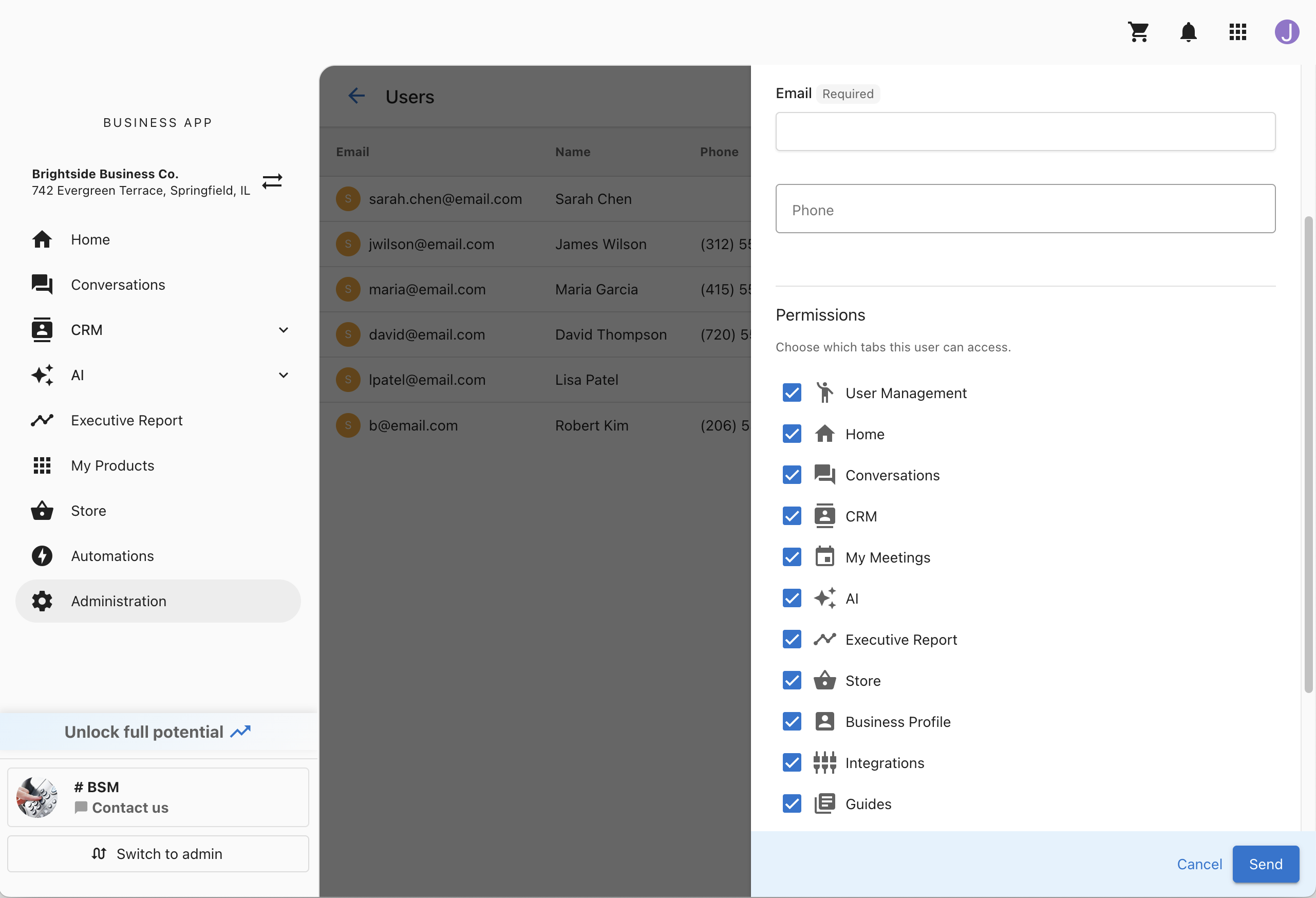 The Add team member sidebar showing the email field, phone field, and a list of permission checkboxes for each tab