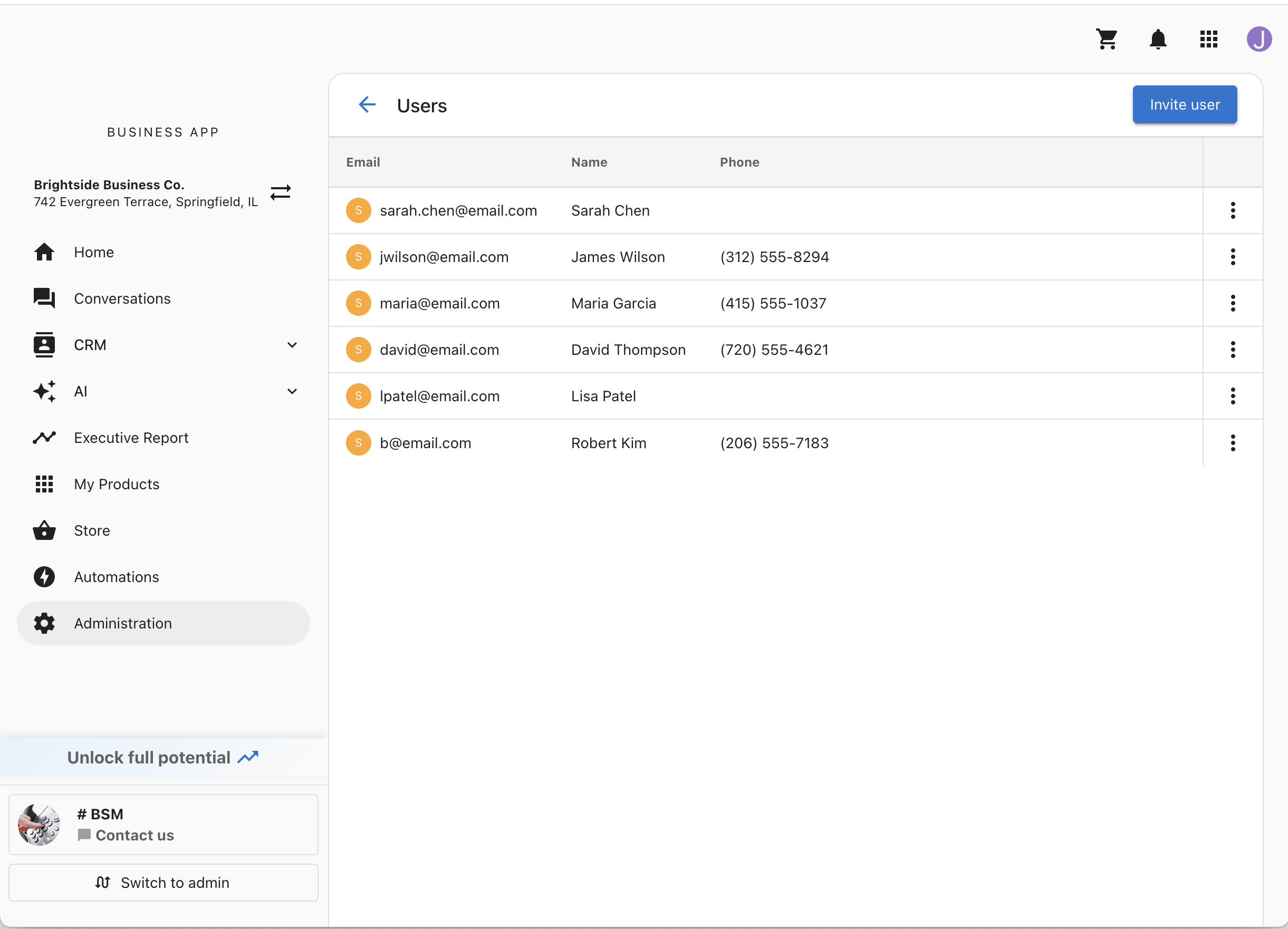 The Users page showing a table of team members with options to invite, edit permissions, or remove users