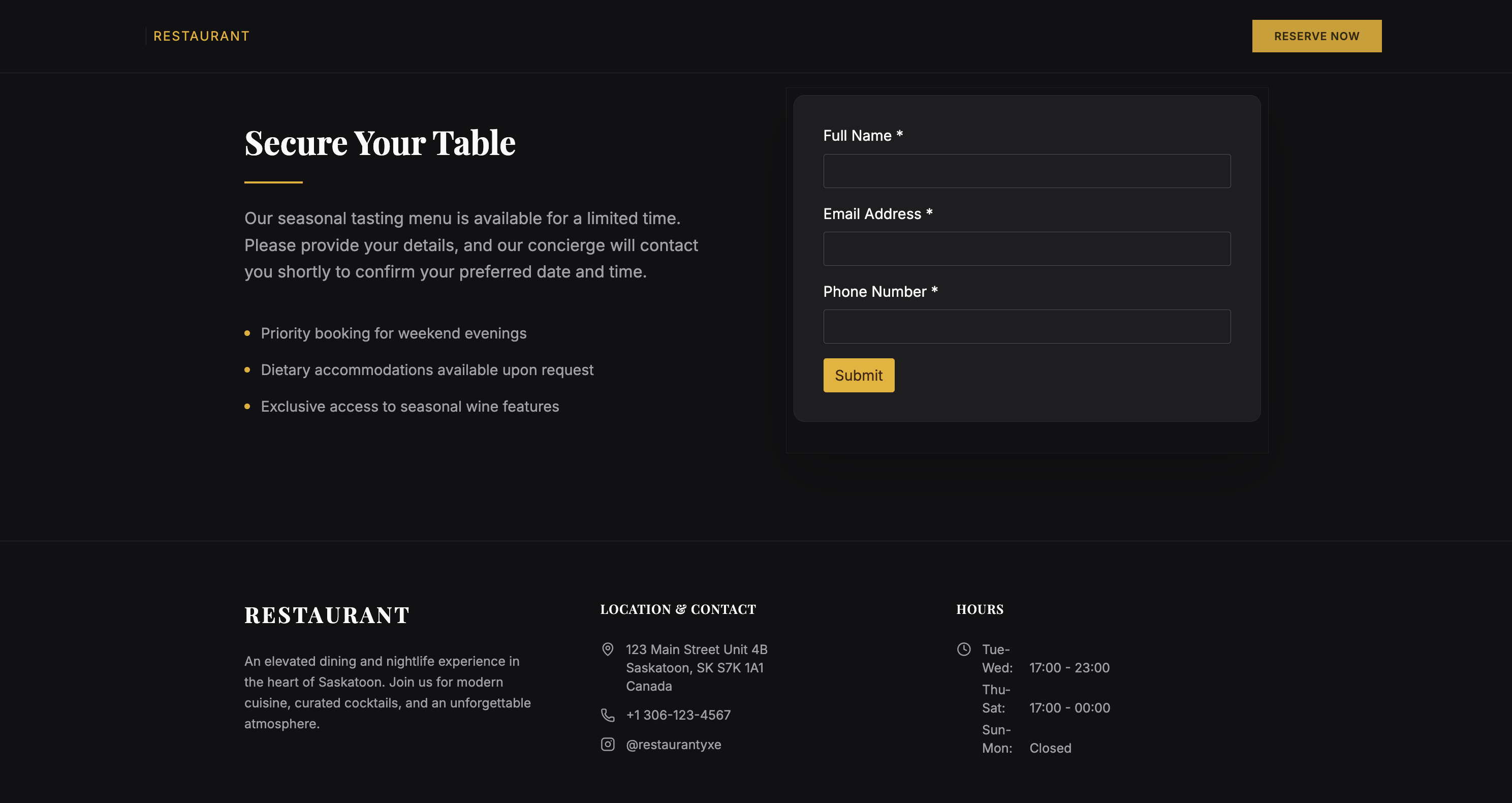 Lead capture form with business details auto-populated in the footer