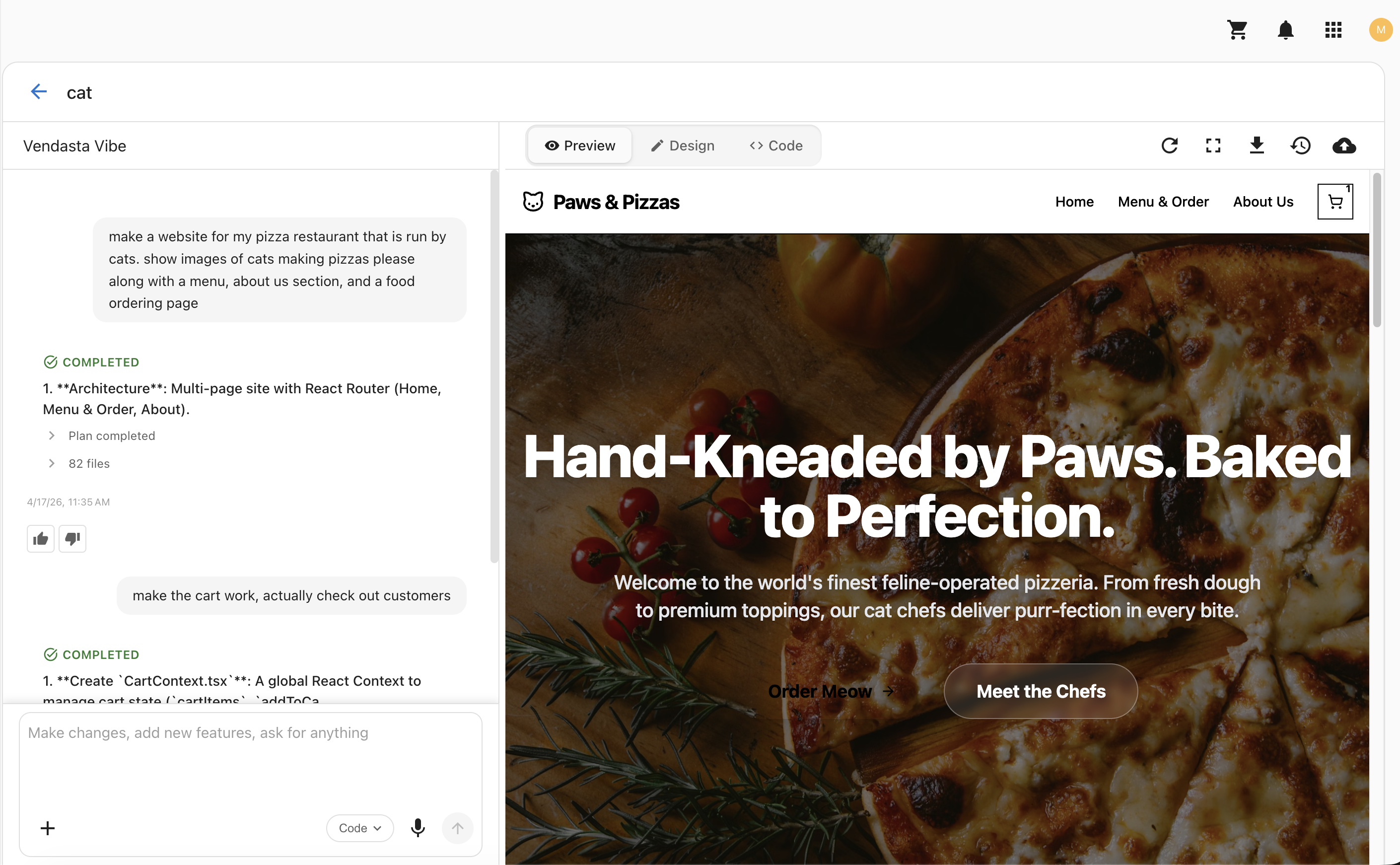 The finished cat-run pizzeria site with hero, navigation, and themed content