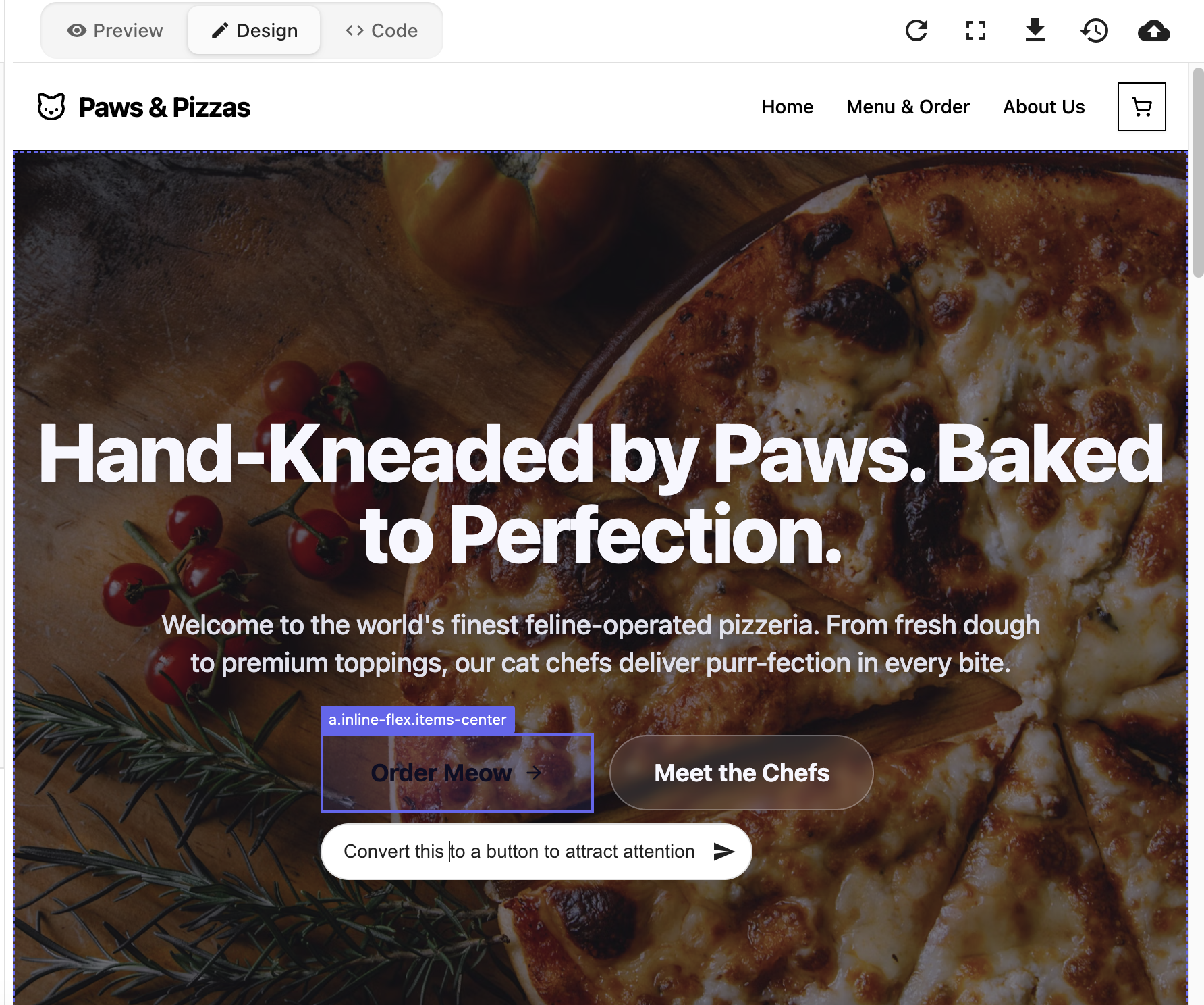 Vibe visual editing with the hero heading selected in the cat pizzeria site