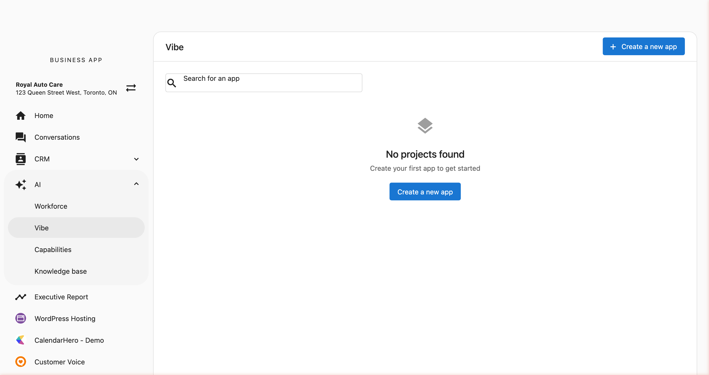 Business App left navigation with the AI section expanded and Vibe highlighted, showing the empty Vibe project list