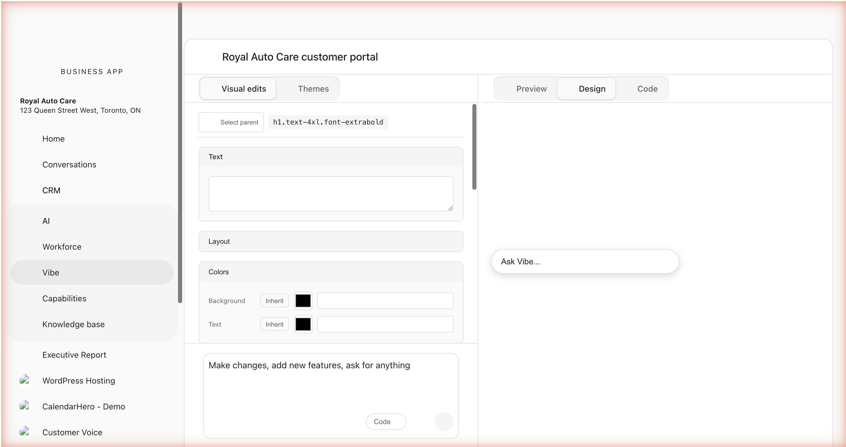 Hero headline selected in Design mode: a blue outline marks the element, an inline 'Ask Vibe' chat appears next to it, and the left Visual edits panel shows the element's tag, text content, layout, and color controls.