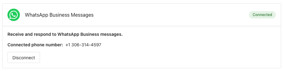 WhatsApp connection card with Connected status