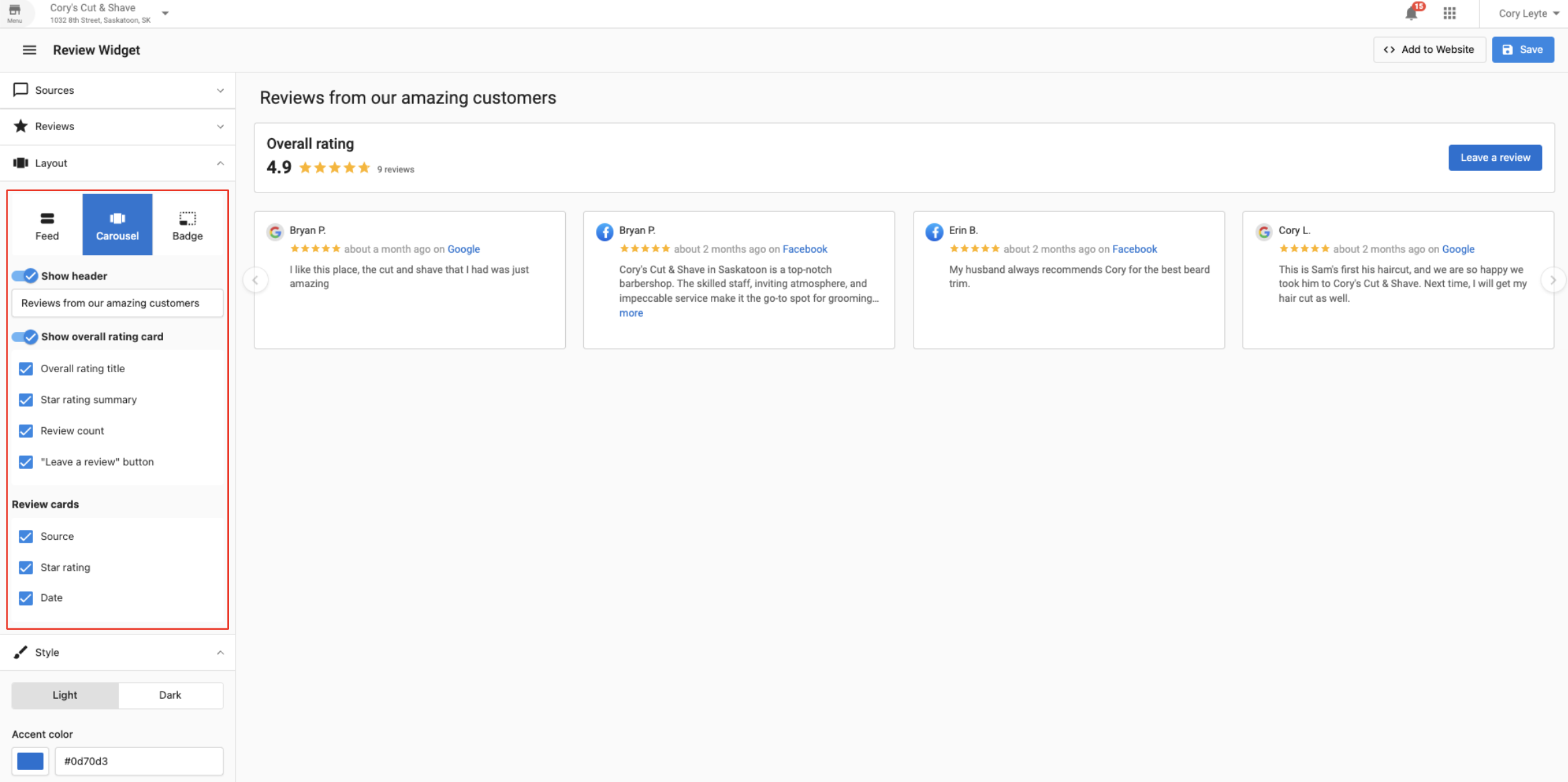 Review Widget Configuration