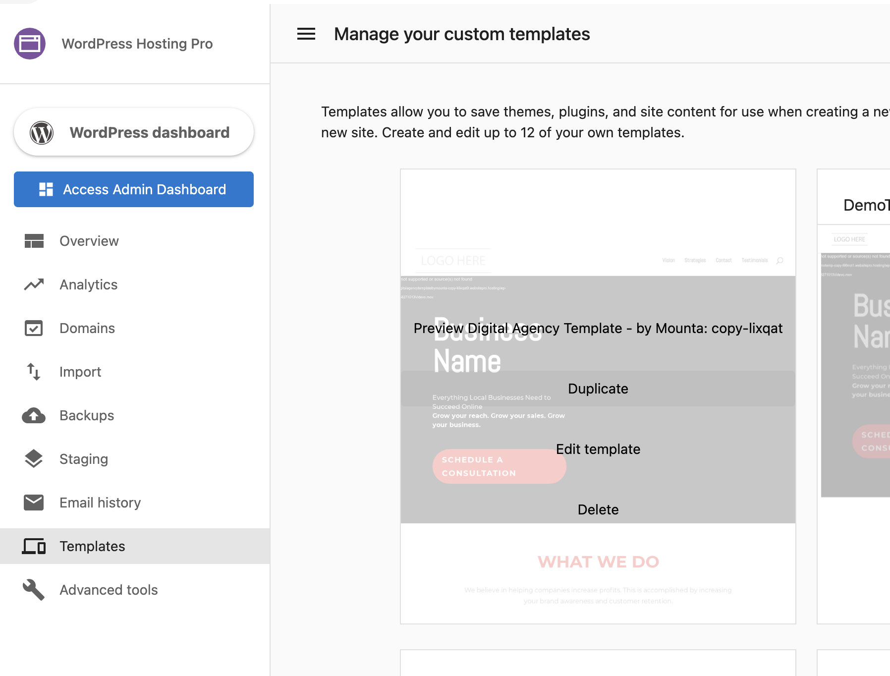 Duplicate template option on hover
