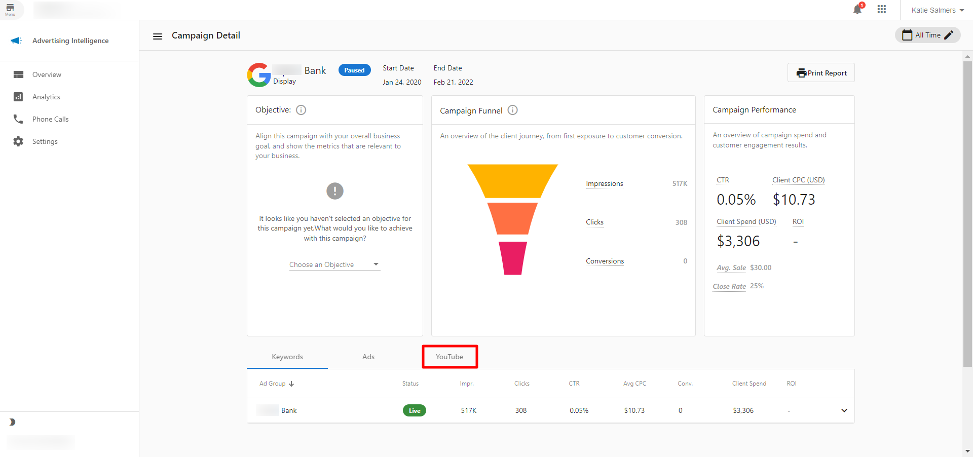 Advertising Intelligence YouTube tab