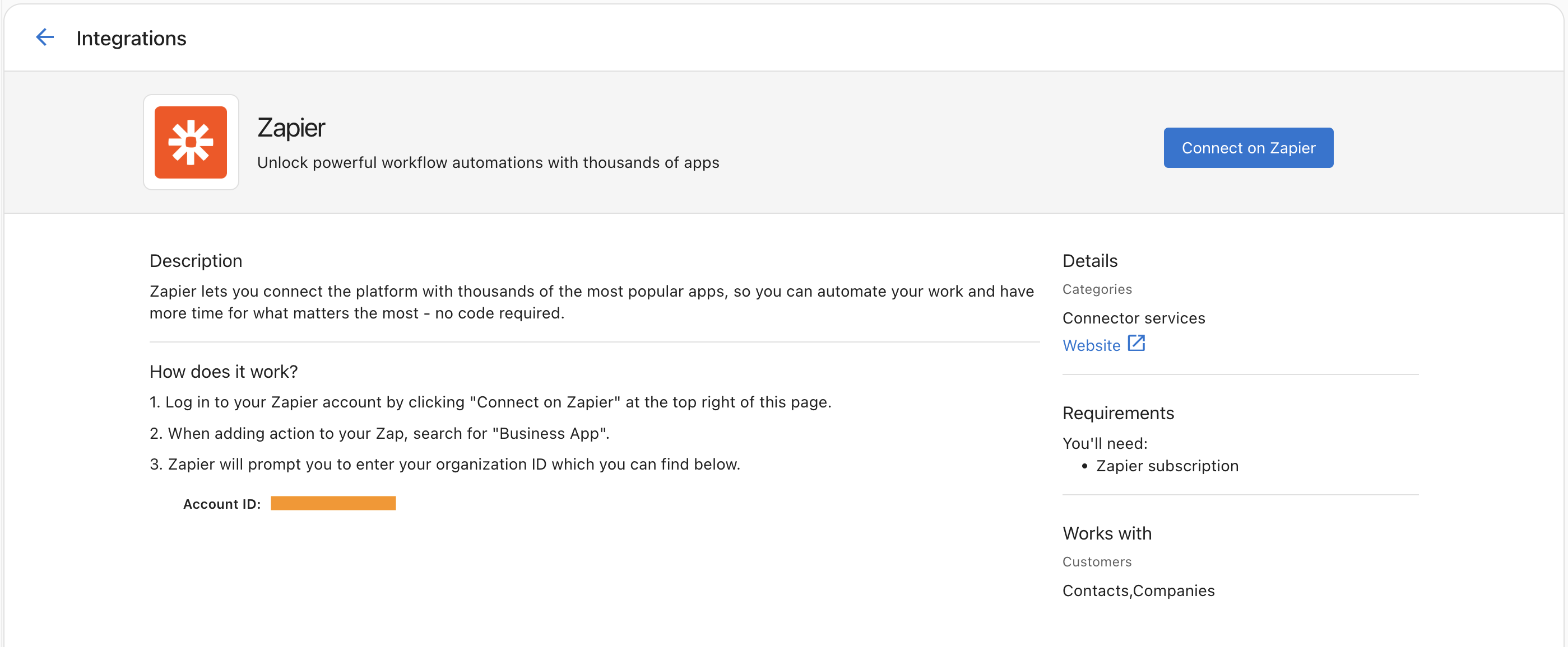 Zapier integration tile showing the Connect on Zapier button and Account ID
