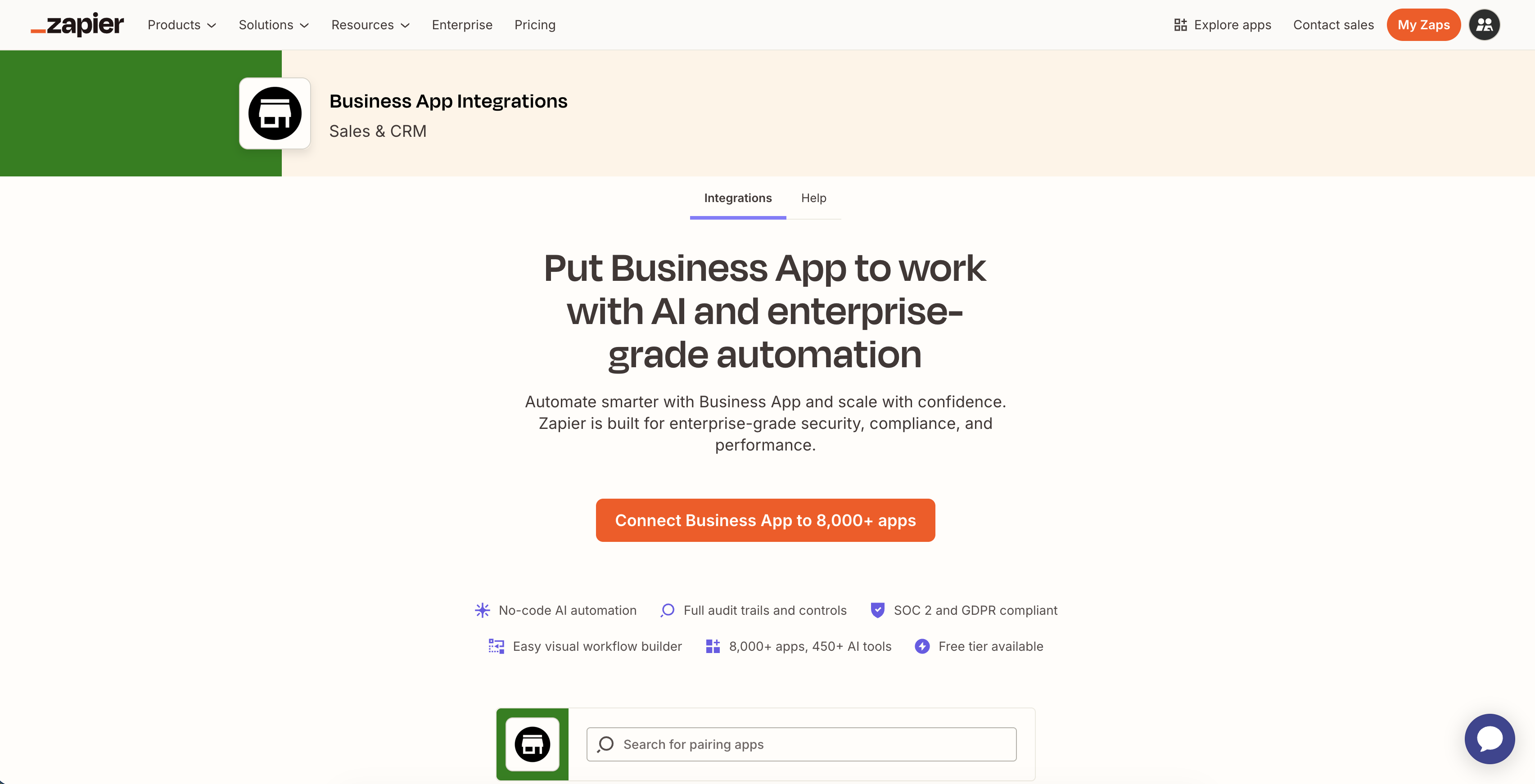 Business App on Zapier showing available integrations