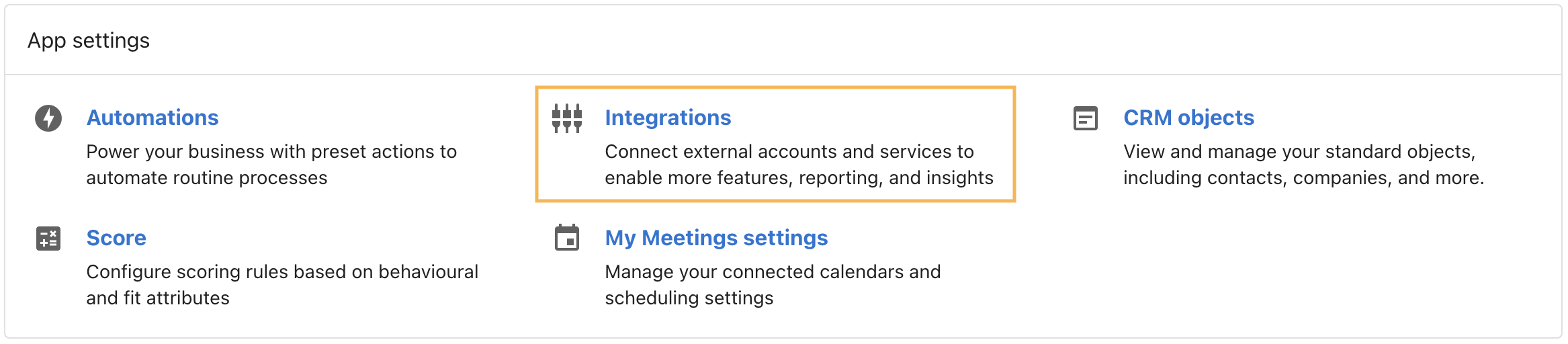 Integrations option in App settings
